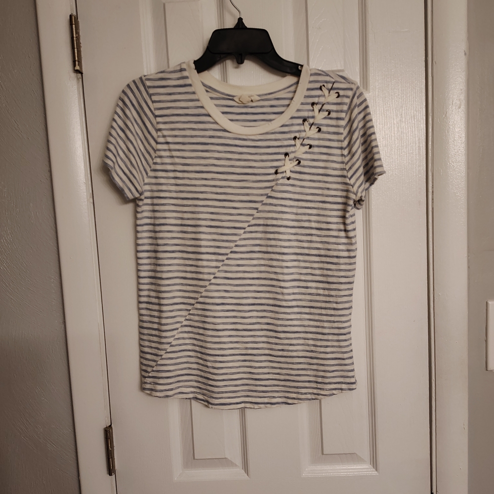 Lucky Brand Navy and White Striped Distressed Tee with Lace-Up Detail